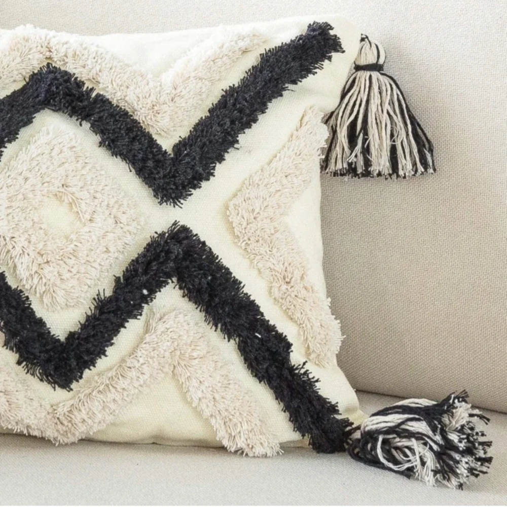 Luxury Home | Boho Chic Black & Cream Tufted Woven Tassel Lumbar Pillow Cover